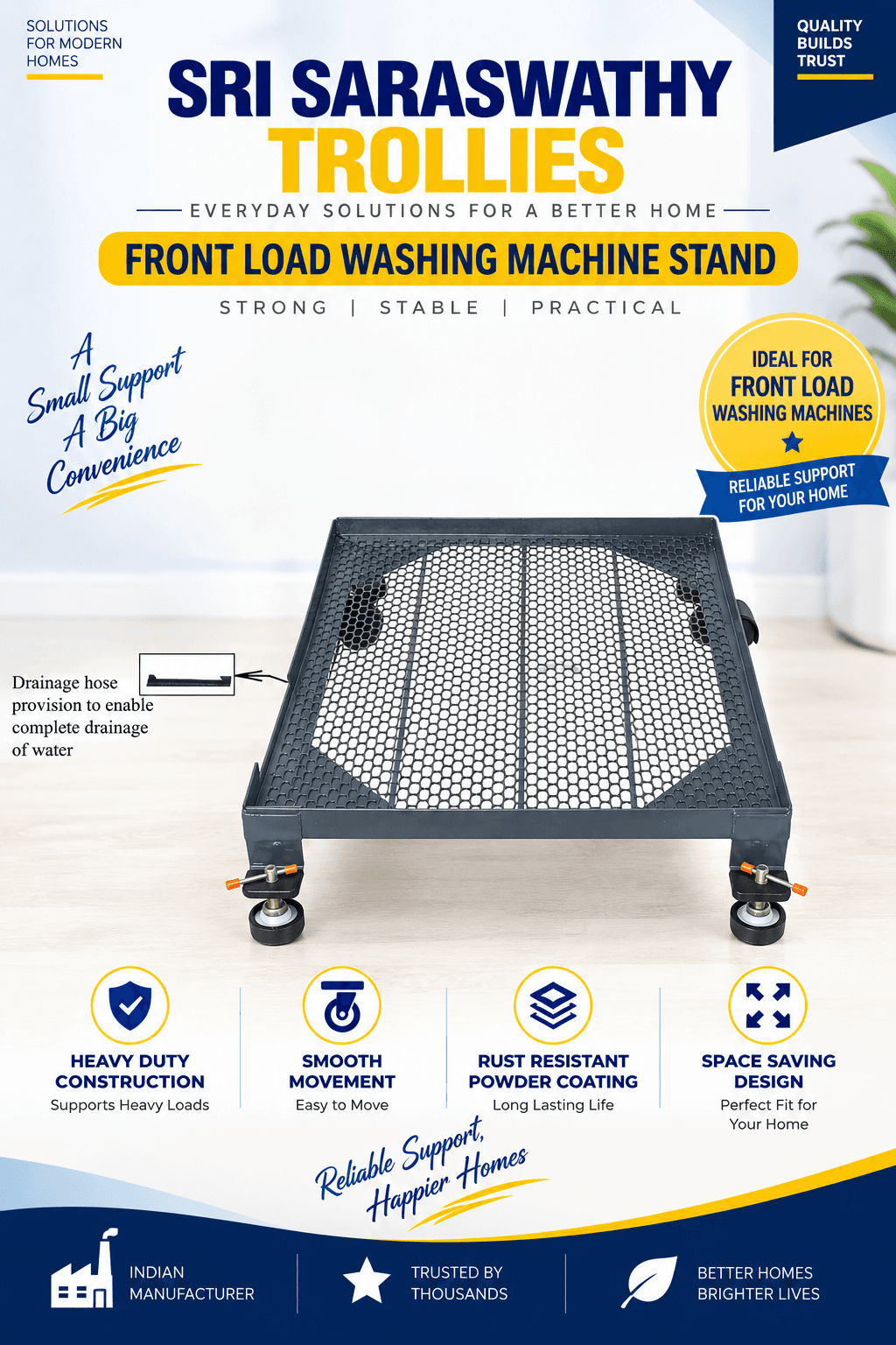 Front-Load Washing Machine Stand with drainage-friendly mesh platform