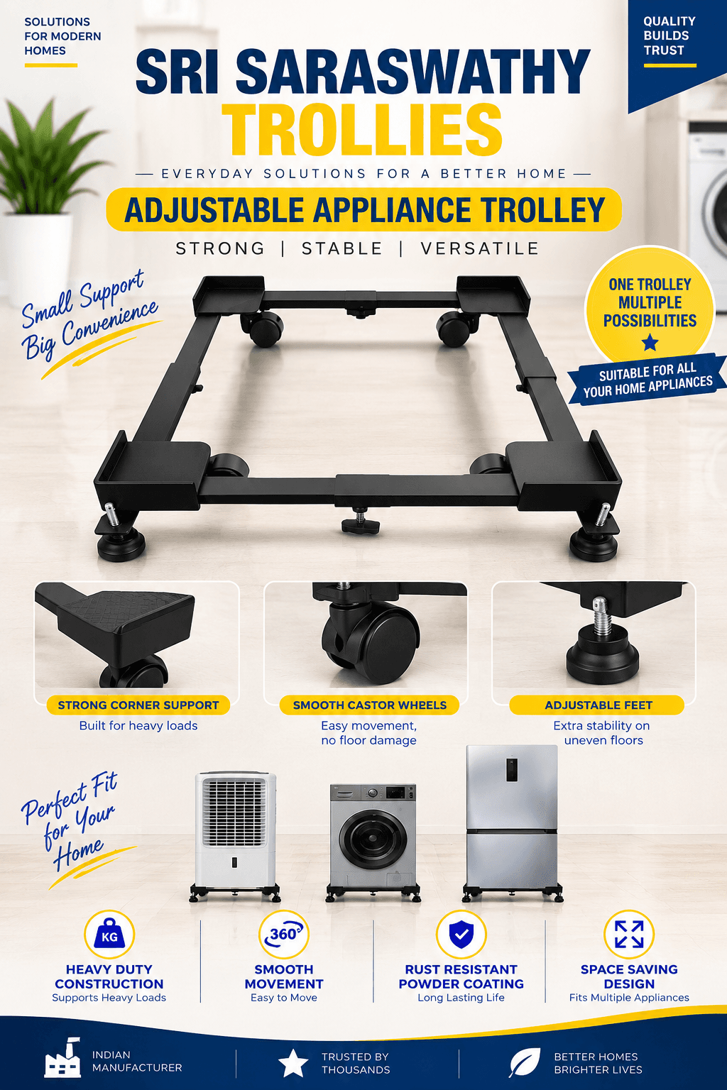 Sri Saraswathy Adjustable Appliance Trolley — Multi-Purpose Stand for Washing Machine, Fridge, and Air Cooler