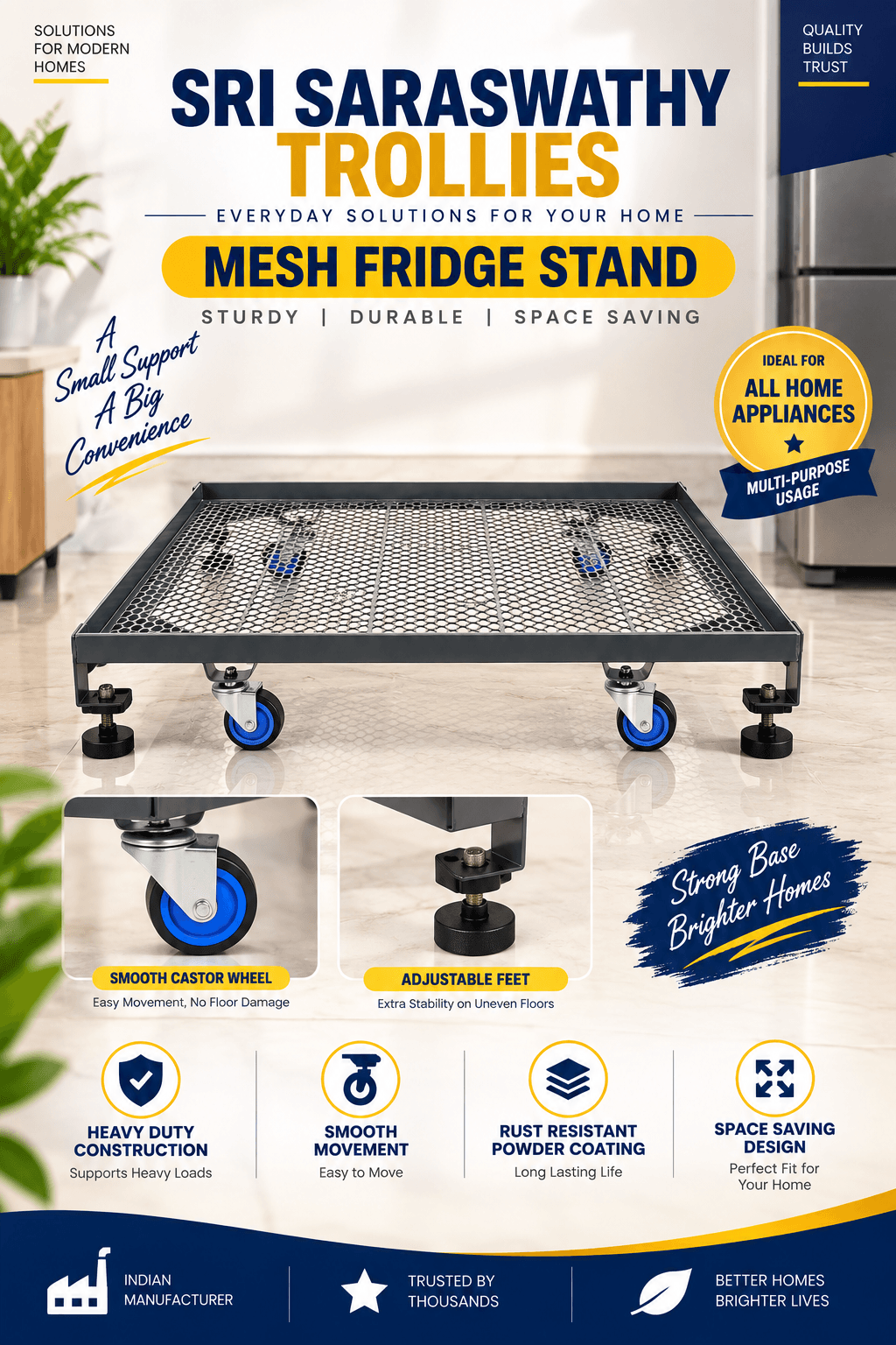 Ratmesh Heavy Duty Top Loading Washing Machine Stand with Welded Mesh Base by Sri Saraswathy Trollies
