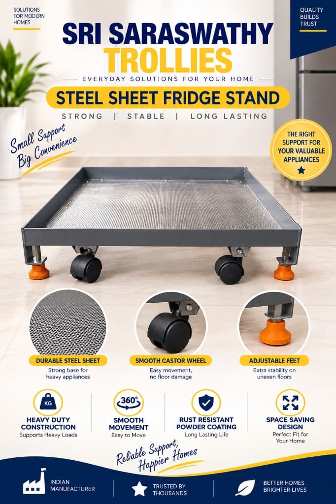 Steel Sheet Heavy-Duty Top Loading Washing Machine Stand with Adjustable Feet by Sri Saraswathy Trollies